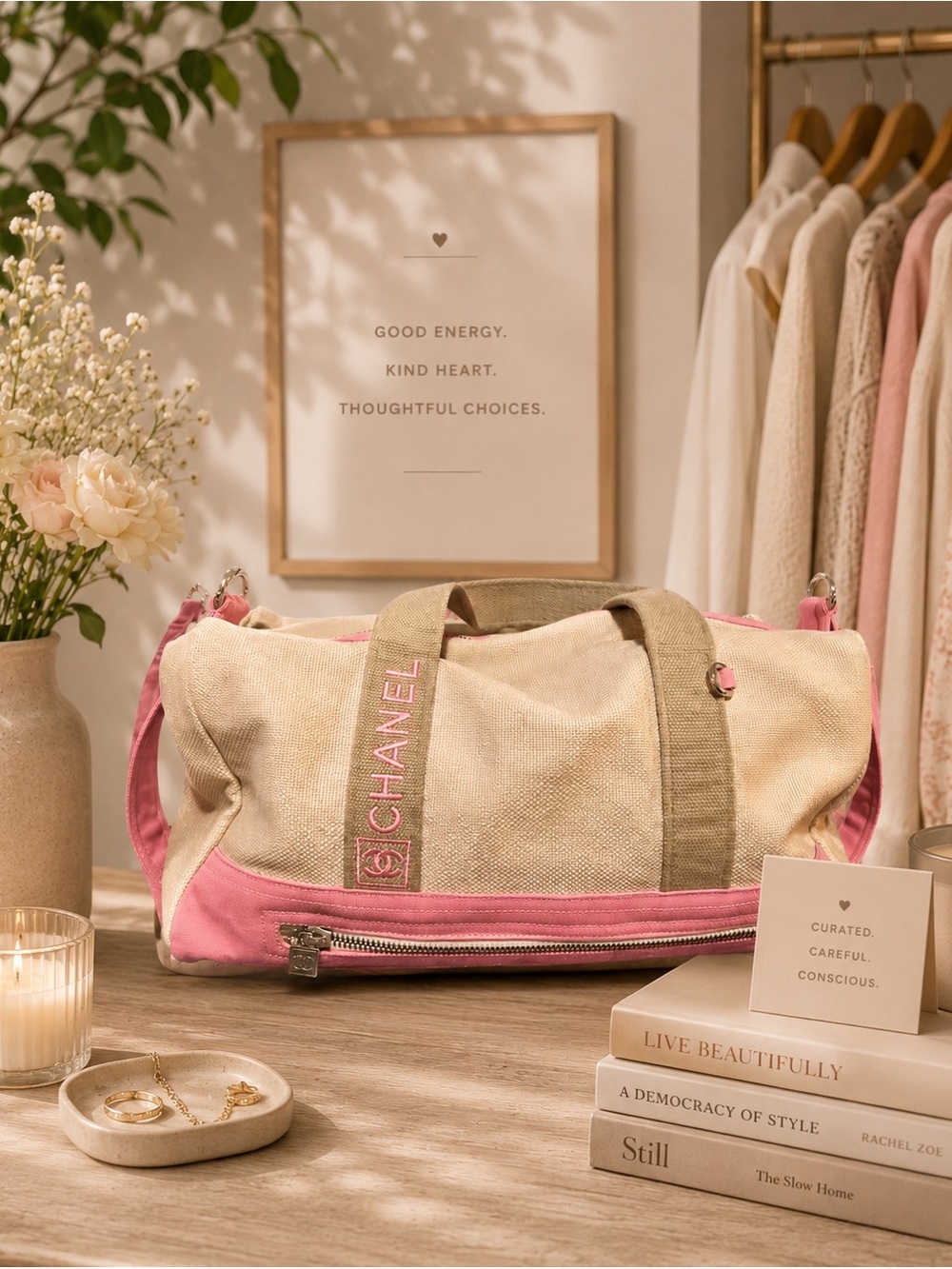 CHANEL Beige and Pink Canvas Weekend Duffle
